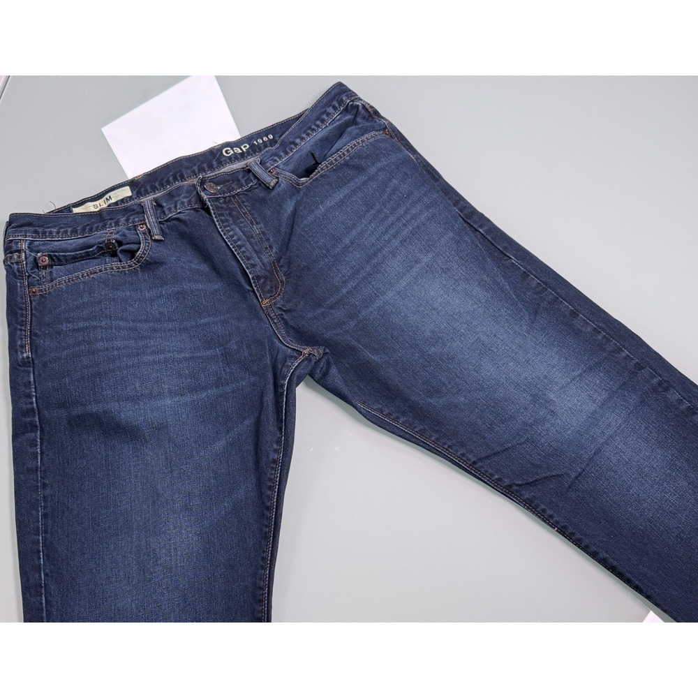Gap 1969 Slim Fit Jeans Mens 36x32 Rockaway Wash Dark Blue Denim Whiskering